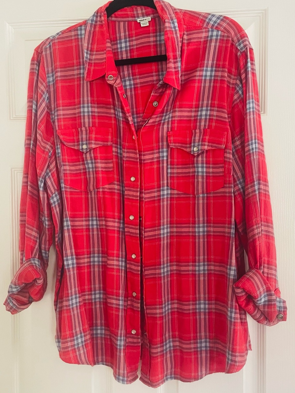aerie Red Plaid Long-Sleeve Button-Down Shirt